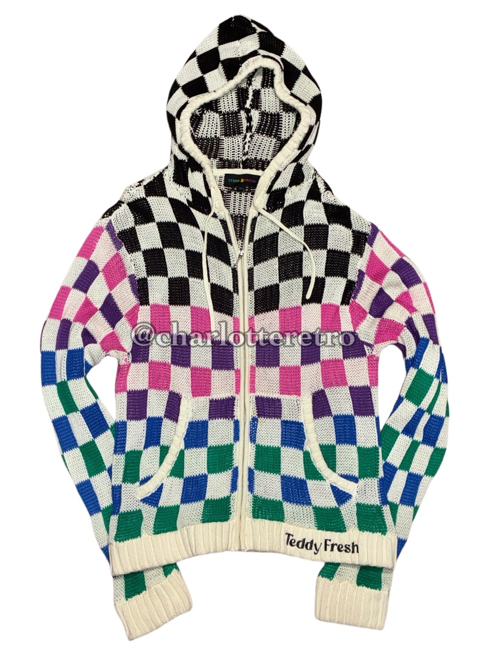 Teddy Fresh • Open Knit Check Plaid Front Zip Front Sweater Jacket w Hood